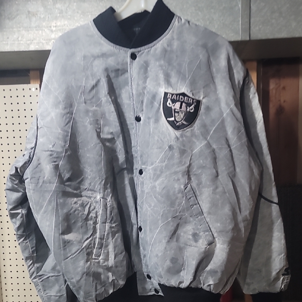Gray Acid Wash Vintage Raiders Starter Jacket Size L Black Trim - Picture 2 of 11